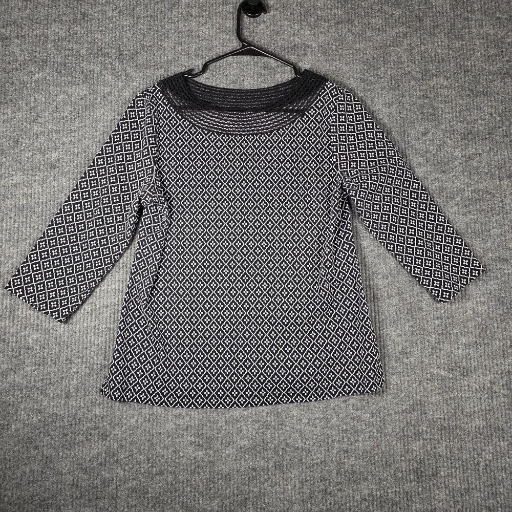 Croft & Barrow Women’s Large Black White Geometric Mesh Neck 3/4 Sleeve Top